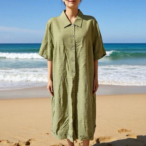 White Stag Dresses & Skirts - New WhiteStag Women 22W ShortSleeve LinenRayon Midi ShirtDress Green Button Up